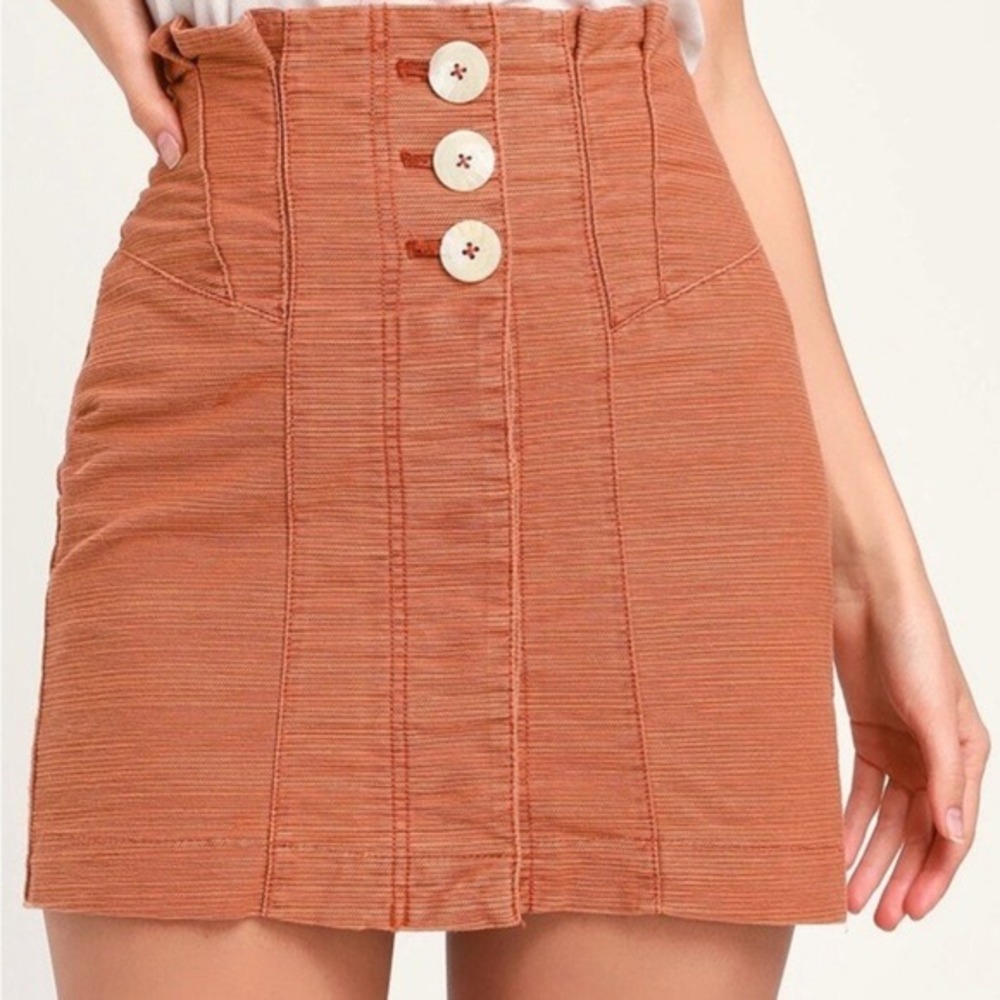 Free People Rust Orange Textured High Waisted Button Front Mini Skirt Size 2